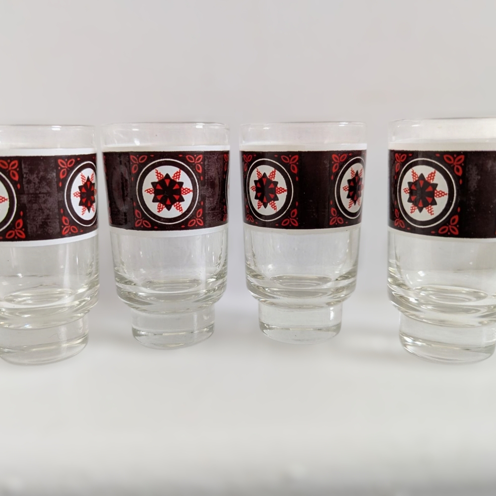 Vintage Shot Glasses - Set of 4 with Red, White and Burgundy Design